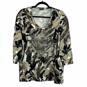 Gerry Weber Casual Abstract Embellished Long Sleeve Cotton Top Size 18 Black Tan